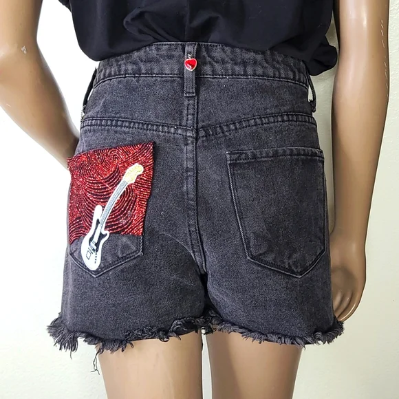 Shorts Size Small Black Denim Gray Red Embellished Upcycled Unique Handmade Fun - Picture 2 of 11